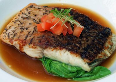 Roasted Barramundi with Bak Choy, Light Soya Broth & Herb Salad