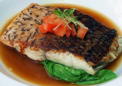 Roasted Barramundi with Bak Choy, Light Soya Broth & Herb Salad